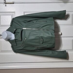 Nine West Fashion Faux Leather Moto Jacket Green Excellent Condition Size Small